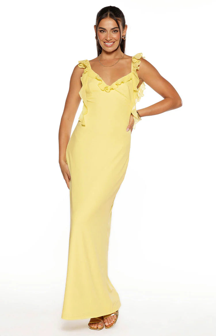 Paolma Yellow Ruffle Formal Maxi Dress - US 12
