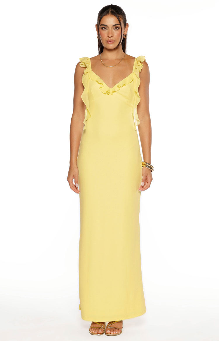 Paolma Yellow Ruffle Formal Maxi Dress - US 12 | Beginning Boutique Exclusive Paolma Yellow Ruffle Formal Maxi Dress - US 12 | Beginning Boutique Exclusive