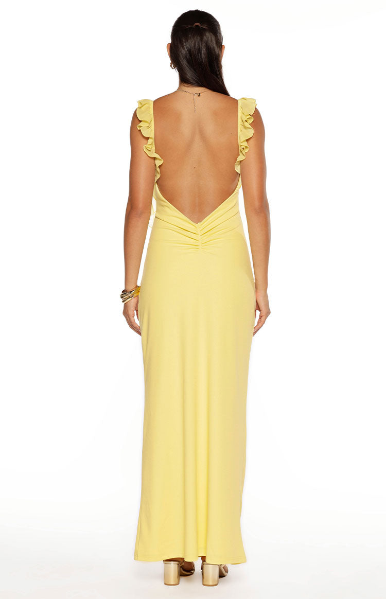 ruffle front tie maxi dress in yellow Paolma Yellow Ruffle Formal Maxi Dress - US 12