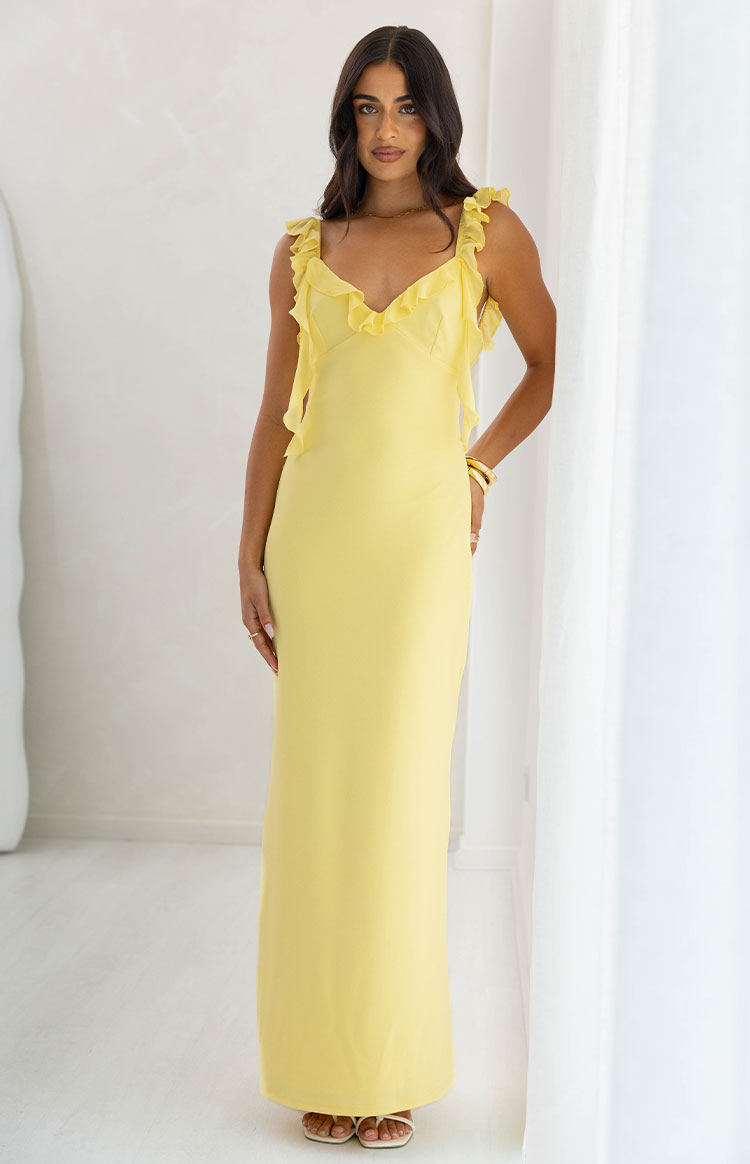 knee length dresses for ladies Paolma Yellow Ruffle Formal Maxi Dress - US 12