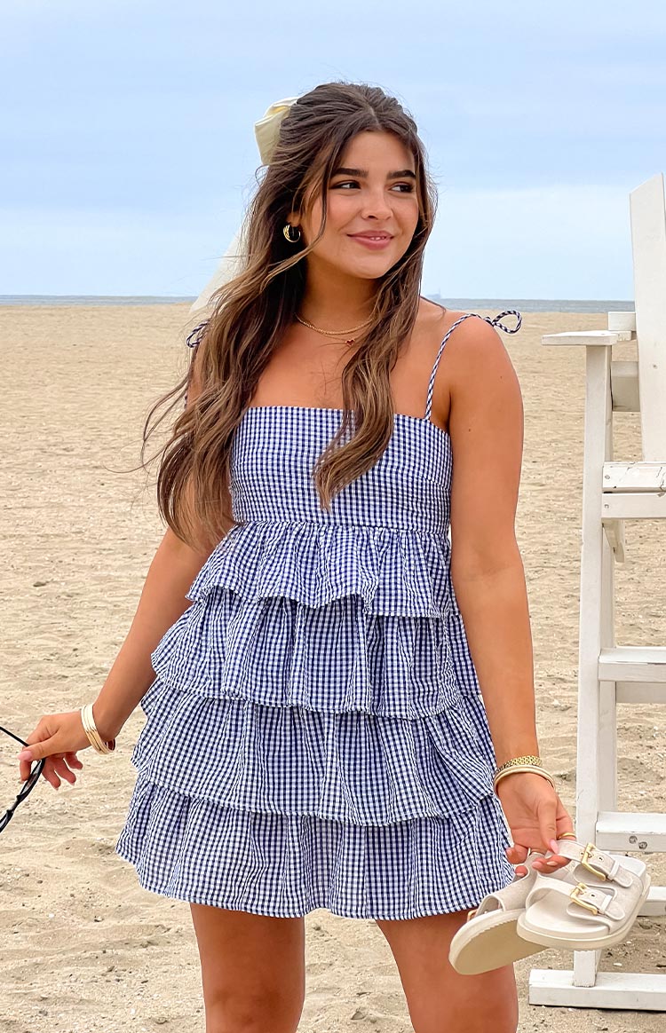 Paolo Navy Gingham Ruffle Mini Dress - 6 Paolo Navy Gingham Ruffle Mini Dress - 6