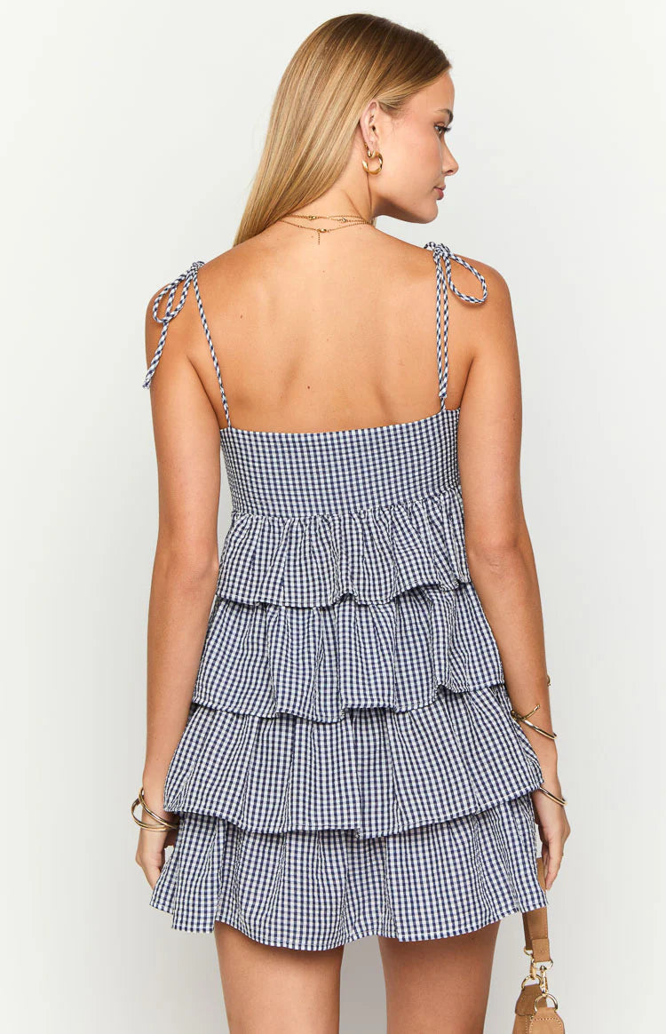 navy blue gingham dress Paolo Navy Gingham Ruffle Mini Dress - 6