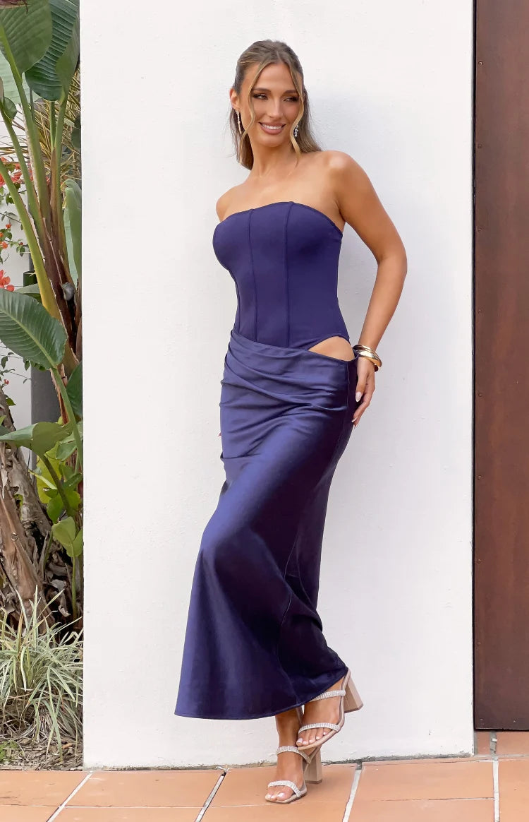 Payge Navy Satin Skirt Maxi Dress