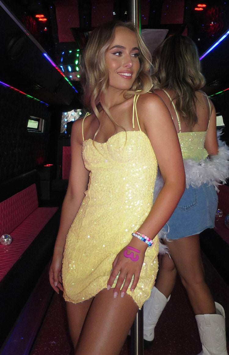 Beginning Boutique Penny Lane Yellow Sequin Mini Dress yellow sequin sweetheart neckline thin spaghetti straps bodycon mini dress