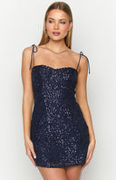 Beginning Boutique Penny Lane Navy Sequin Mini Dress navy sequin mini dress with sweetheart neckline and tie-up spaghetti straps