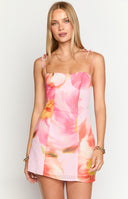 Beginning Boutique Penny Lane Pink Floral Kisses Mini Dress pink orange floral print sweetheart neckline tie strap fitted mini dress