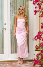 Pink Bloom Satin Strapless Maxi Dress Image