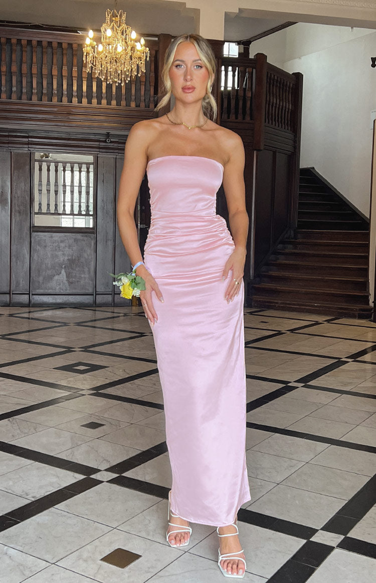 Pink Bloom Satin Strapless Maxi Dress - US 16