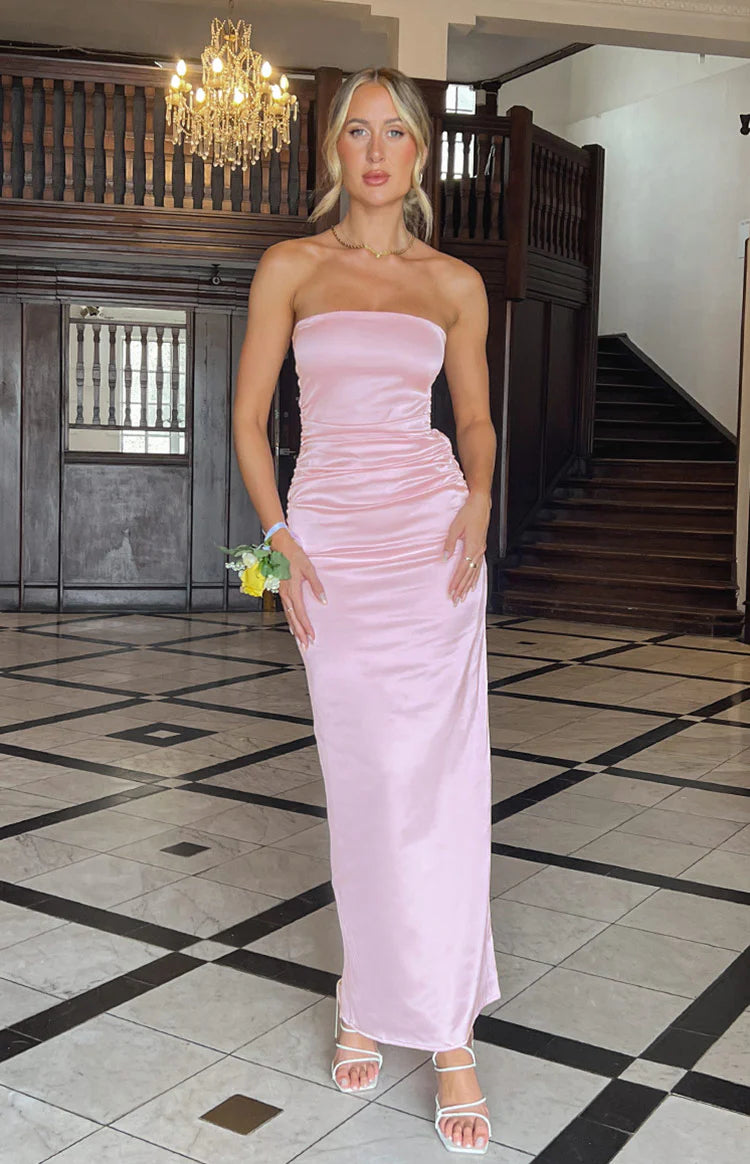 Pink Bloom Satin Strapless Maxi Dress - 16 | Beginning Boutique Exclusive Pink Bloom Satin Strapless Maxi Dress - 16 | Beginning Boutique Exclusive