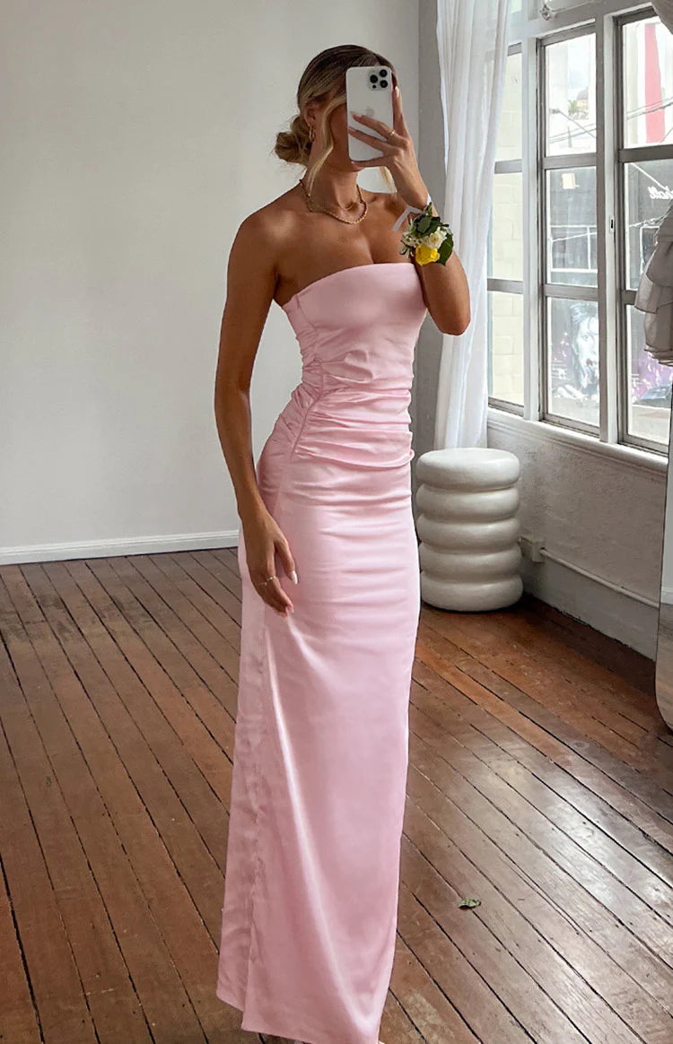 Pink Bloom Satin Strapless Maxi Dress Pink Bloom Satin Strapless Maxi Dress