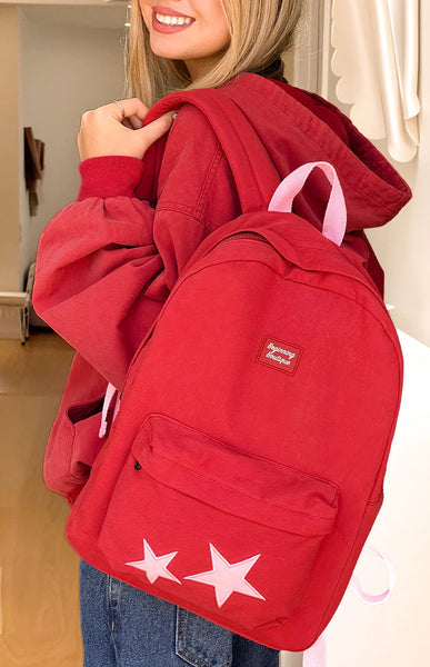 black leather backpack with pink white and burgundy stripes Pink Star Burgundy Backpack - One Size