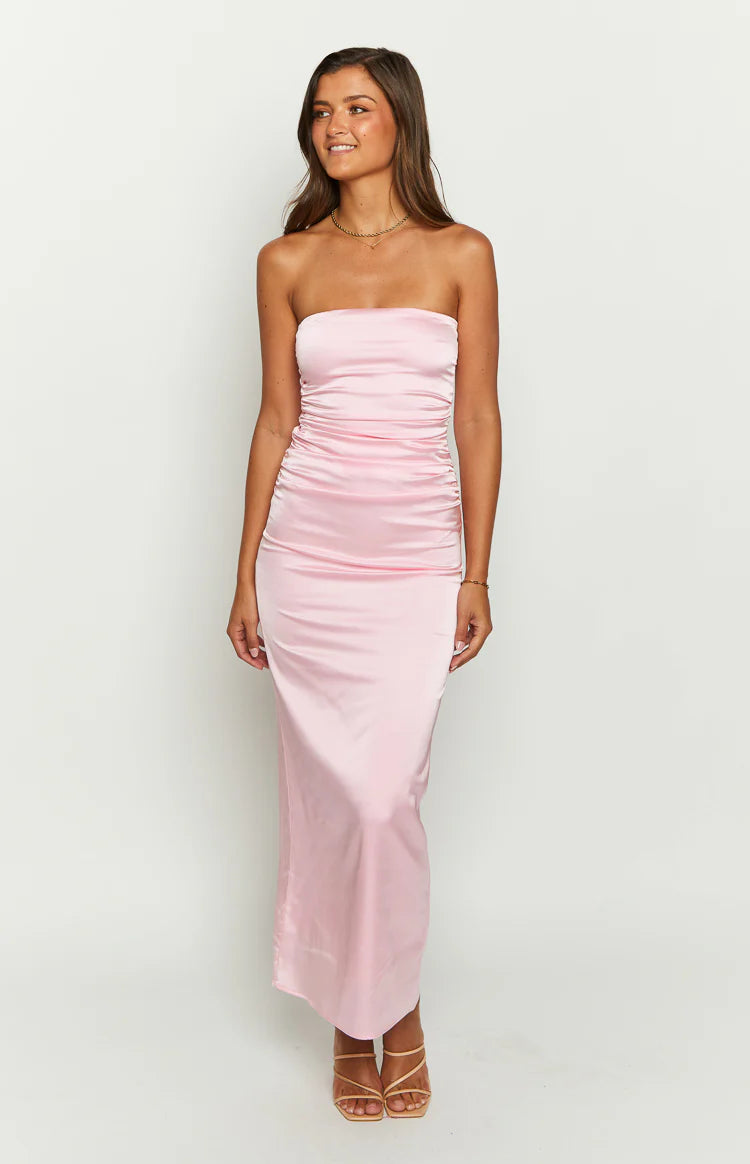 Pink Bloom Satin Strapless Maxi Dress - 16 Pink Bloom Satin Strapless Maxi Dress - 16