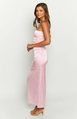 Pink Bloom Satin Strapless Maxi Dress Image