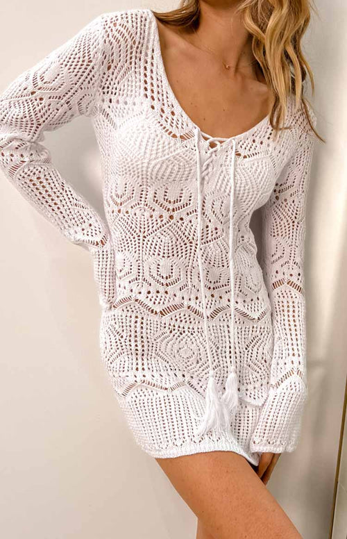 Pippa White Knit Mini Dress – Beginning Boutique US