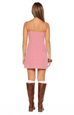 Rear view of the red gingham mini dress with thin spaghetti straps and a square back neckline