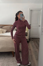 Beginning Boutique Poppi Burgundy Stripe Double Zip Sweater burgundy and white stripe high neck long sleeve sweater with doub