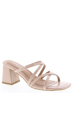 Our nude open-toe sandal featuring a wide block heel. The upper consists of multiple criss-crossing thin glossy straps over the foot.