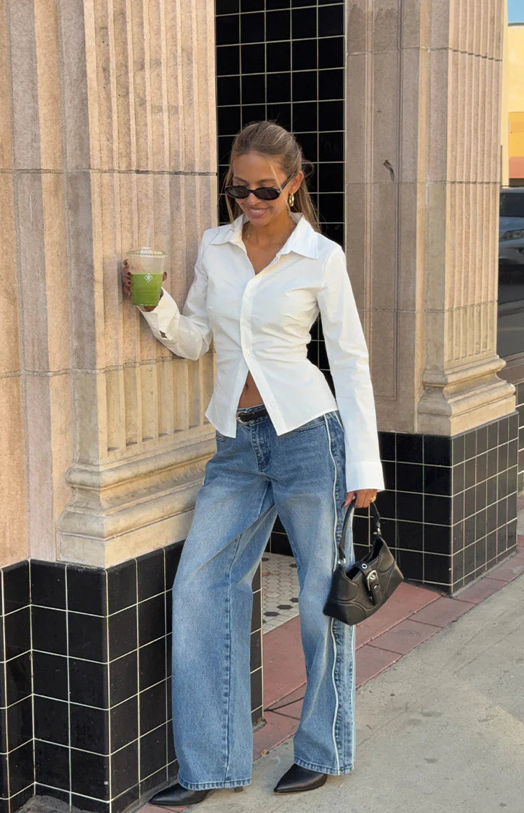 Posey Mid Wash Contrast Seam Wide Leg Jeans