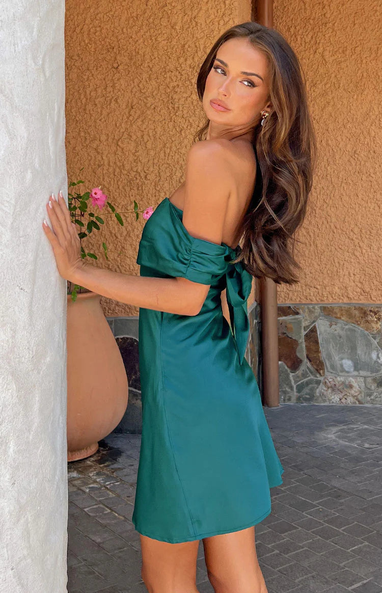 Primrose Teal Satin Off The Shoulder Mini Dress - US 4 | Beginning Boutique exclusive Primrose Teal Satin Off The Shoulder Mini Dress - US 4 | Beginning Boutique exclusive