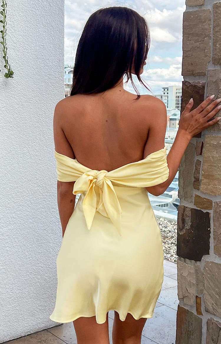 Primrose Yellow Satin Off the Shoulder Mini Dress Image