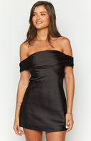 Beginning Boutique Primrose Black Satin Off the Shoulder Mini Dress black satin off-shoulder mini dress with a large back bow