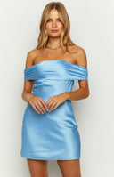 Beginning Boutique Primrose Blue Satin Off the Shoulder Mini Dress blue satin off-the-shoulder mini dress with a relaxed fit