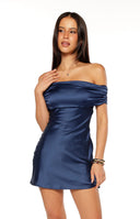 Primrose Navy Satin Off the Shoulder Mini Dress