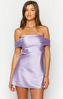 Beginning Boutique Primrose Purple Satin Off the Shoulder Mini Dress purple satin off-shoulder mini dress with a large back bow