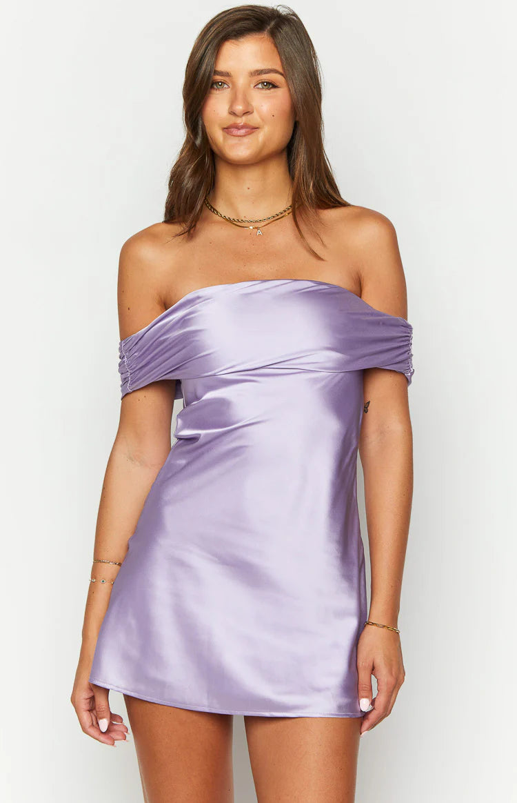 Primrose Purple Satin Off The Shoulder Mini Dress - US 10 | Beginning Boutique exclusive Primrose Purple Satin Off The Shoulder Mini Dress - US 10 | Beginning Boutique exclusive