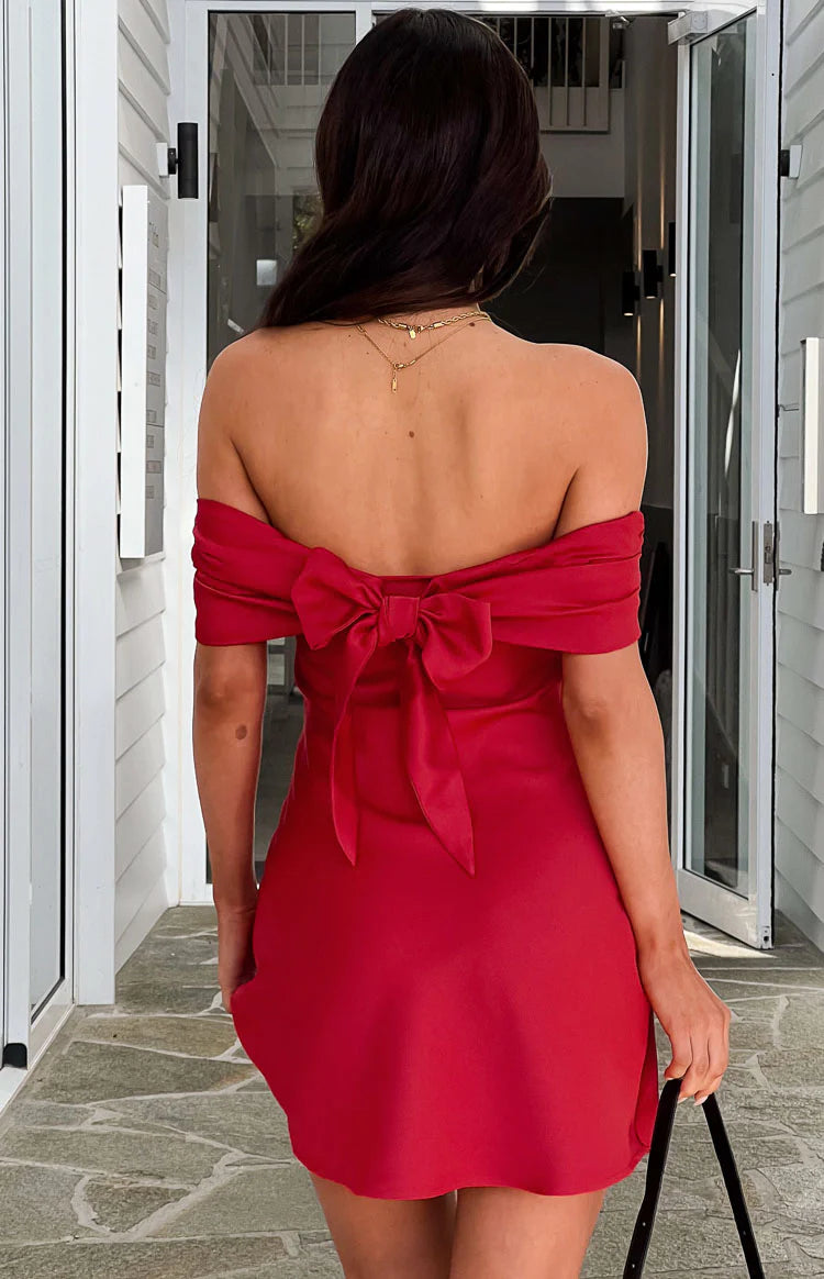 Primrose Red Satin Off the Shoulder Mini Dress - US 0