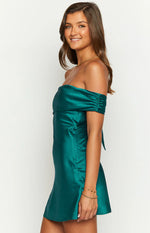 Primrose Teal Satin Off the Shoulder Mini Dress