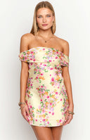 Beginning Boutique Primrose Yellow Bloom Off the Shoulder Mini Dress primrose yellow floral off-shoulder mini dress with tie-back