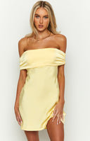 Beginning Boutique Primrose Yellow Satin Off the Shoulder Mini Dress primrose yellow satin off-the-shoulder mini dress with a large tie-back bow and open back