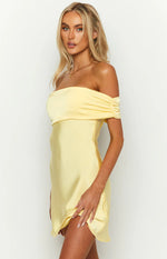 Primrose Yellow Satin Off the Shoulder Mini Dress