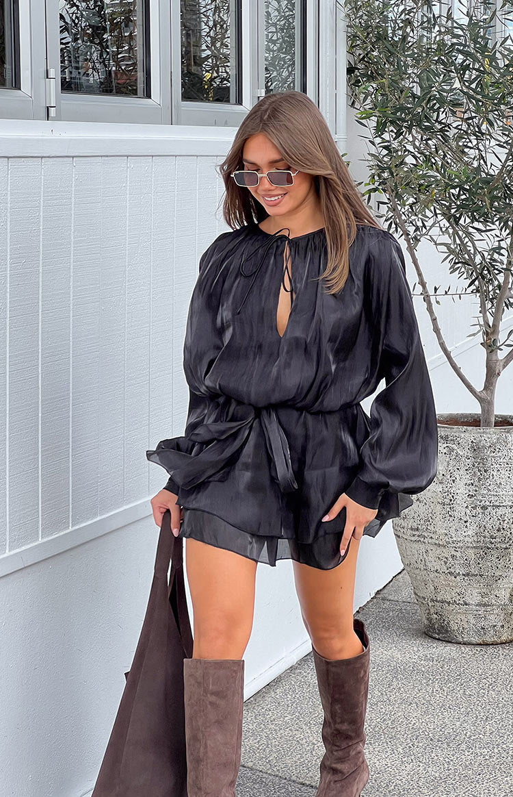 Quinton Black Satin Long Sleeve Tie Mini Dress - US 2 | Beginning Boutique Exclusive