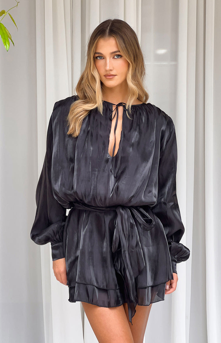 long sleeve black satin mini dress Quinton Tie - US 2 color:breeze blue:#bfd1f2 have dress Women's Apparel June 2026 Chocolate Woven Asymmetric Fringe