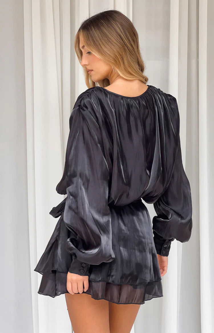 black silk mini dress long sleeve Quinton Black Satin Long Sleeve Tie Mini Dress - US 2