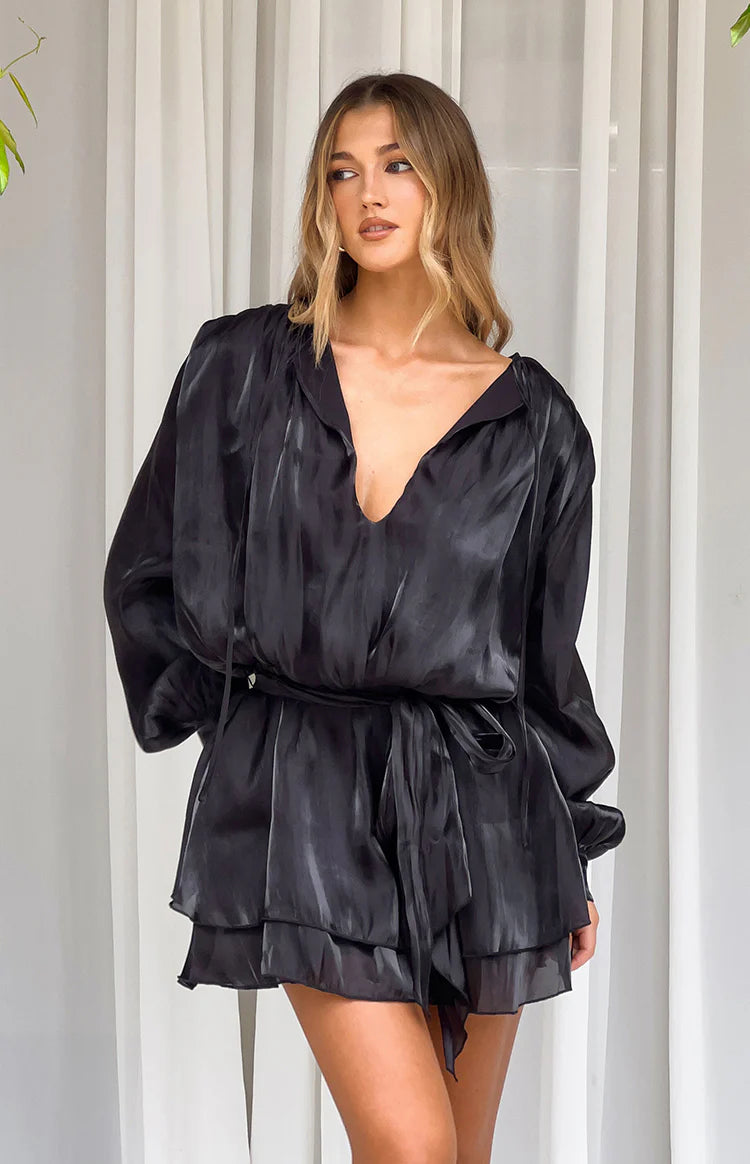 Quinton Black Satin Long Sleeve Tie Mini Dress - US 2