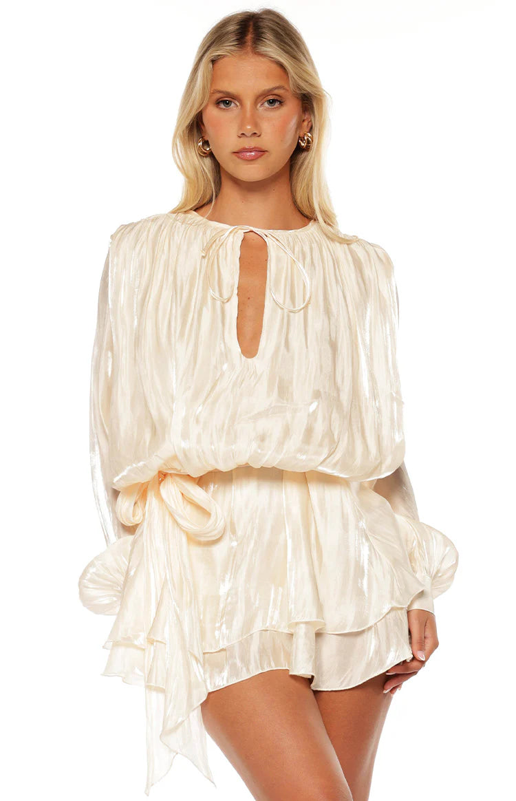 Quinton Pearl Satin Long Sleeve Tie Mini Dress - US 18