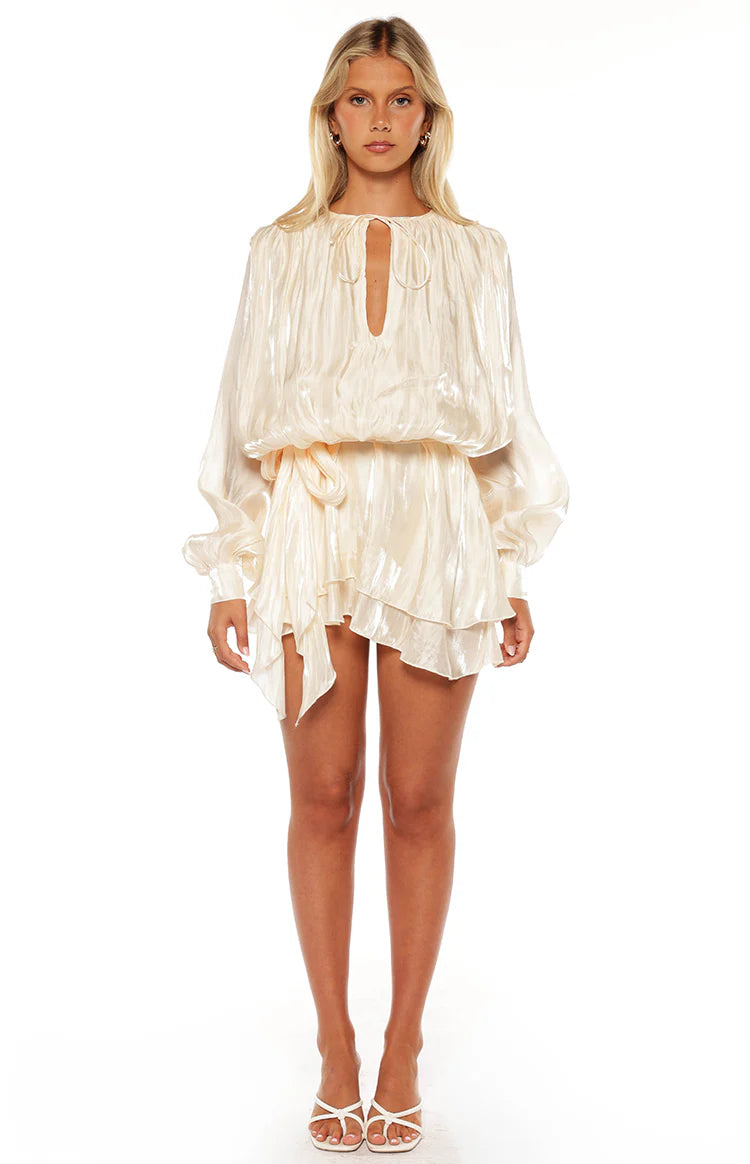 Quinton Pearl Satin Long Sleeve Tie Mini Dress - US 18 Quinton Pearl Satin Long Sleeve Tie Mini Dress - US 18