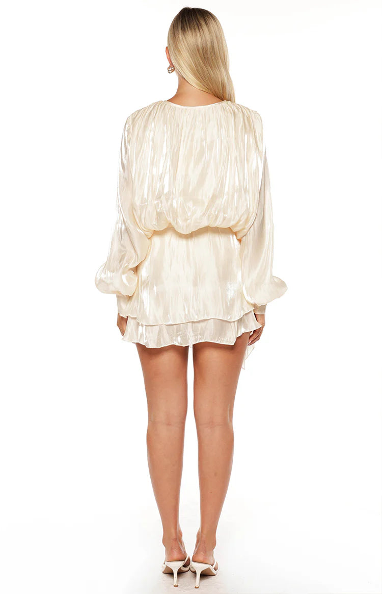 Quinton Pearl Satin Long Sleeve Tie Mini Dress - US 18 | Beginning Boutique Exclusive