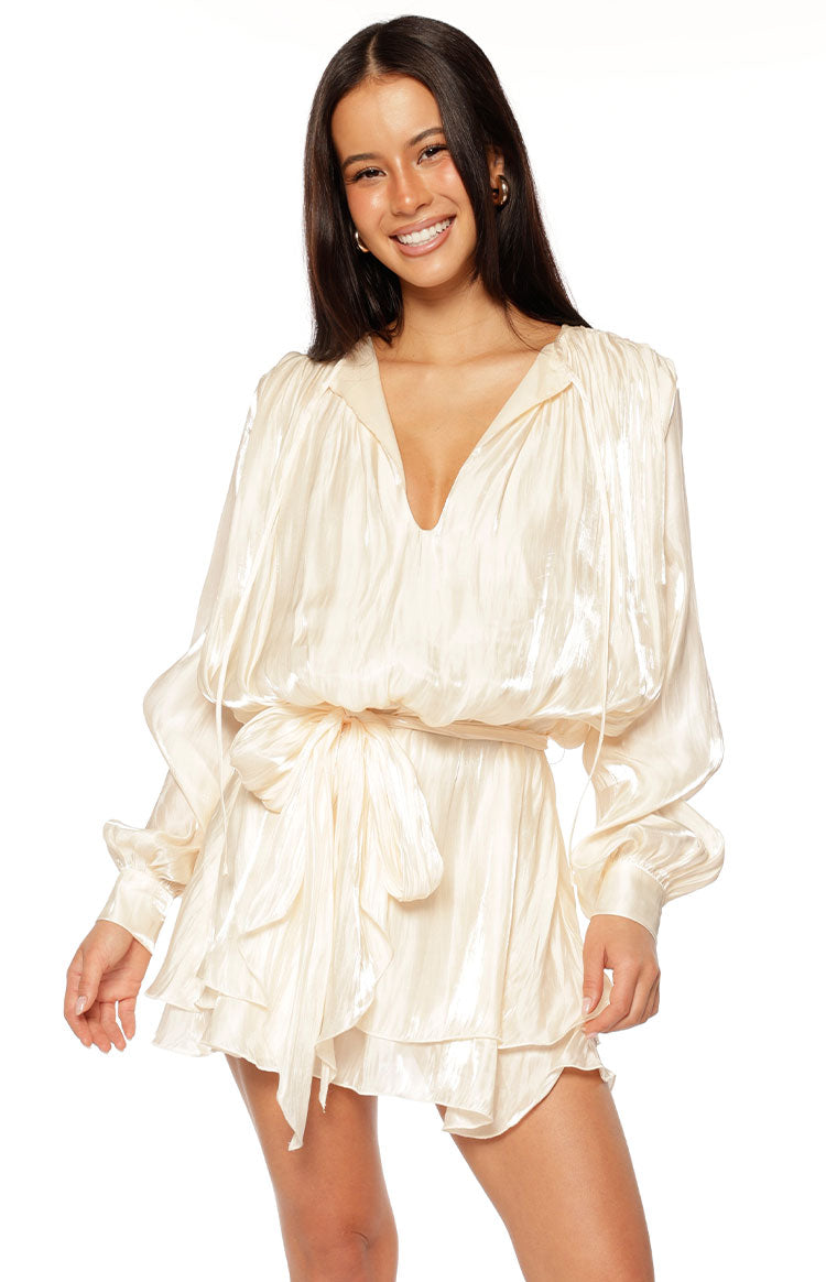 Pearl crinkled satin mini dress with a deep V-neck, blouson long sleeves, self-tie waist, and layered ruffle skirt