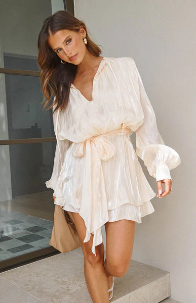 white pearl dress long sleeve Quinton Pearl Satin Long Sleeve Tie Mini Dress - US 18