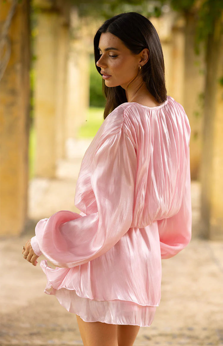 Quinton Pink Satin Long Sleeve Tie Mini Dress - US 2