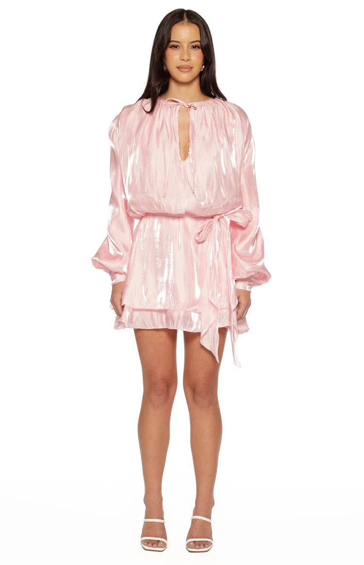 Front view of a pink crinkled satin mini dress with a gathered tie-neck, long balloon sleeves, and a self-tie waist