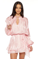 Beginning Boutique Quinton Pink Satin Long Sleeve Tie Mini Dress pink crushed satin V-neck mini with voluminous long sleeves and tie waist
