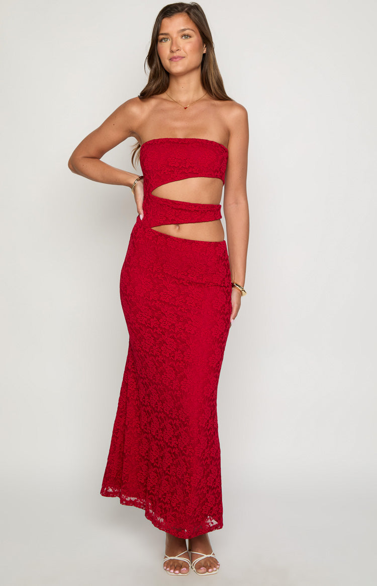 Red lace strapless maxi dress featuring two horizontal cutouts across the midriff and a fitted silhouette