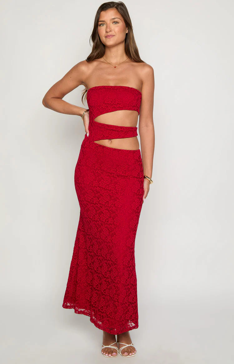 red maxi tube dress Strapless Draped Two Piece Maxi Dress Red