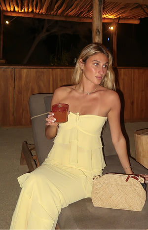 Beginning Boutique Raleigh Yellow Ruffle Strapless Top yellow strapless top with tiered ruffles and a tie-front bust