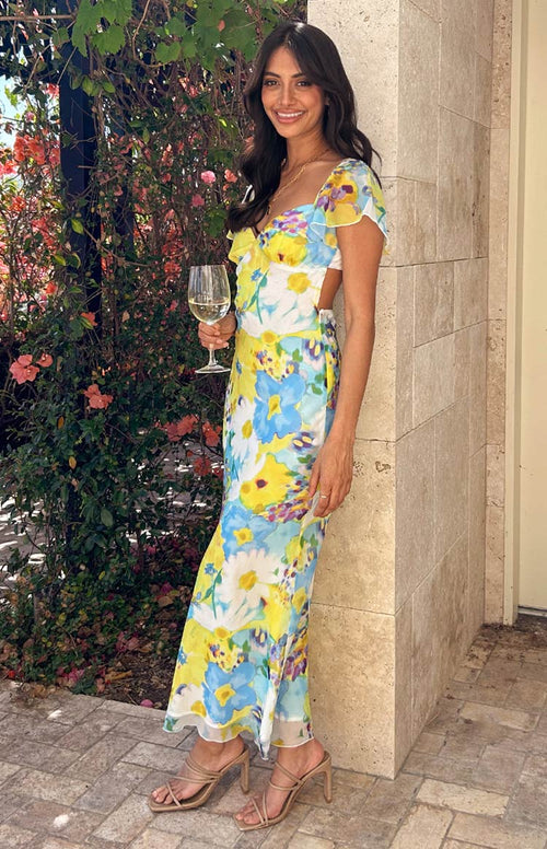 Raymi Blue Floral Chiffon Maxi Dress – Beginning Boutique US